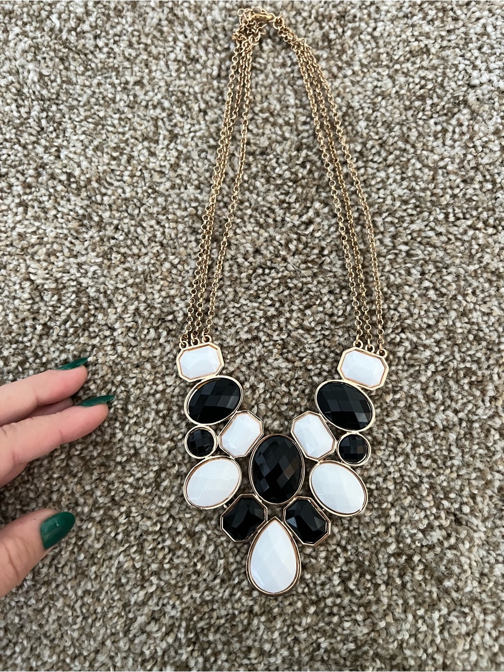 Gold Statement Necklace with Black and White Gemstones
